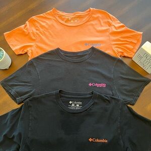 Three Youth Small Columbia tees, various colors, fishing themed